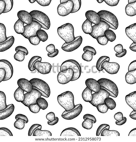 Penny bun mushrooms seamless pattern. Hand drawn ink illustration. Retro style.