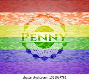 Penny emblem on mosaic background with the colors of the LGBT flag