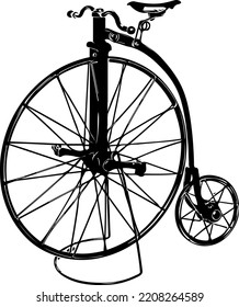 Penny-Farthing-Fahrradumriss, Vektorgrafik, Alte Vintage-Skizze für große Reifen-Kreisläufe, Penny Farthing Bicycle Clip Art