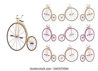 Penny farthing bike set. Retro fashion high wheel bicycle for entertainment, recreational pastime and sport. Vector flat style cartoon illustration isolated on white background, different views, color