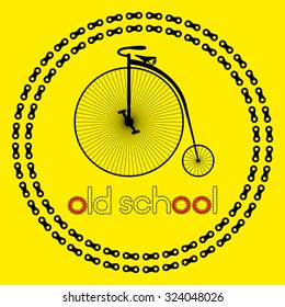 Penny farting bike icon (logo or label) with text Old school. Isolated Black Silhouette of bicycle in chain circles. Vector Illustration