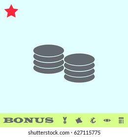 Penny icon flat. Grey pictogram on blue background. Vector illustration symbol and bonus buttons medal, cow, earth, eye, calculator