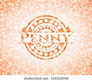 Penny orange tile background illustration. Square geometric mosaic seamless pattern with emblem inside.