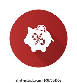 Penny piggy bank with percent flat design long shadow glyph icon. Deposit interest rate. Saving money. Vector silhouette illustration