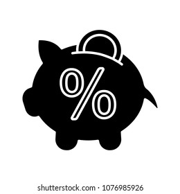 Penny piggy bank with percent glyph icon. Deposit interest rate. Saving money. Silhouette symbol. Negative space. Vector isolated illustration