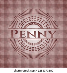 Penny red emblem with geometric pattern background. Seamless.