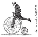 Penny-farthing or High Wheel Bicycle, showing how to dismount the bicycle by stepping on the pedal and then raising the other leg over the rear. Trousset encyclopedia (1886 - 1891).