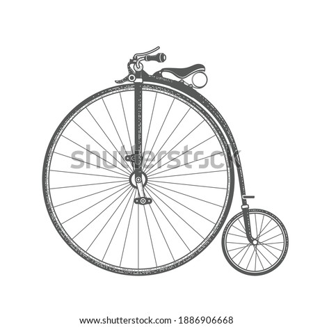 Penny-farthing, retro bicycle with large front wheel, vintage bike of 1870s, vector