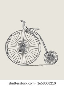 Penny-farthing retro bicycle, vector sketch