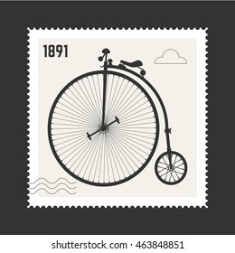 Penny-farthing. Silhouette of old bicycle stamp postal stamp.