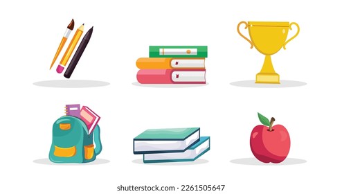 Pen,Pencil,Book,Trophy,Bag.stationary element in cartoon character,isolated on white background