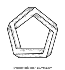 Penrose impossible pentagon sketch engraving vector illustration. T-shirt apparel print design. Scratch board imitation. Black and white hand drawn image.