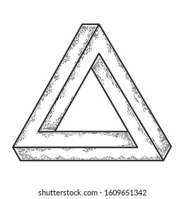 Penrose impossible tribar triangle sketch engraving vector illustration. T-shirt apparel print design. Scratch board imitation. Black and white hand drawn image.