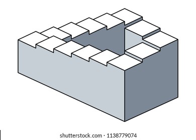 Penrose stairs, impossible staircase, optical illusion. Also Penrose steps. Impossible object. Two dimensional depiction of a staircase, forming a continuous loop. Illustration over white. Vector.