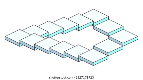 Treppen, unmögliche Treppe, optische Täuschung. 3D-Abbildung einer Treppe, die eine durchgehende Schleife bildet. Vektorgrafik auf flachem Hintergrund einzeln auf weißem Hintergrund