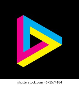 Penrose triangle icon in CMYK colors. Geometric 3D object optical illusion. Vector illustration. Printing studio theme.