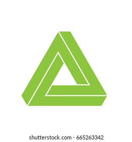 Penrose triangle icon. Geometric 3D object optical illusion. Green silhouette vector illustration.