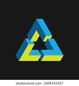 Penrose triangle icon in three colors template. Geometric 3D object optical illusion. Vector illustration
