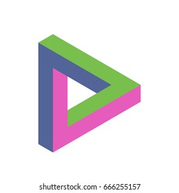 Penrose triangle icon in three colors. Geometric 3D object optical illusion. Vector illustration.