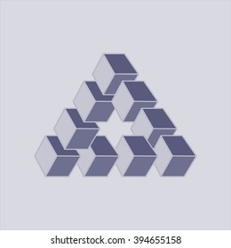 Penrose triangle. Impossible geometric element. Optical illusion, abstract geometric design element. Optical illusion in the form of a curved triangular loop. Symbol of infinity and repetition. 