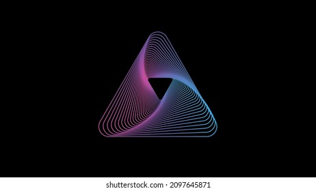 Penrose triangle on a dark background. Impossible figure. pink blue neon light, abstract ultraviolet background, triangle shape, dynamic glowing lines, psychedelic vibrant colors, show stage, tunnel 