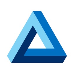 Penrose triangle, optical illusion, blue colored. Penrose tribar, an impossible object, appears to be a solid object, made of three straight bars. Isolated illustration on white background. Vector.