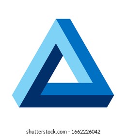 Penrose triangle, optical illusion, blue colored. Penrose tribar, an impossible object, appears to be a solid object, made of three straight bars. Isolated illustration on white background. Vector.
