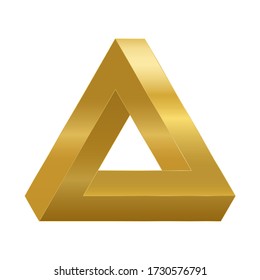 Penrose triangle, optical illusion, golden impossible object. Penrose tribar appears to be a solid object, made of three straight bars. Isolated vector on white background.
