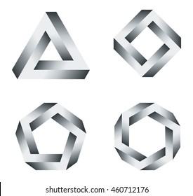 Penrose triangle and polygons with black and white gradients. Penrose tribar, an impossible object, appears to be a solid object. Further square, pentagon and hexagon. Illustration on white.
