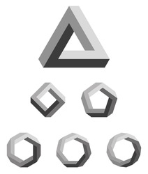 Penrose triangle and polygons gradated black. Penrose tribar, an impossible object, appears to be a solid object, made of three straight bars. Further square, pentagon, hexagon, heptagon and octagon.