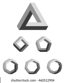 Penrose triangle and polygons gradated black. Penrose tribar, an impossible object, appears to be a solid object, made of three straight bars. Further square, pentagon, hexagon, heptagon and octagon.