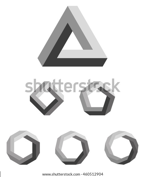 ペンローズの三角形とポリゴンのグレーディングが黒 不可能な物体であるペンローズ トリバーは 3本の直線の棒でできた立体的な物体のように見える さらに四角 五角形 六角形 七角形 八角形 のベクター画像素材 ロイヤリティフリー