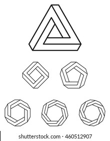 Penrose triangle and polygons outline. The Penrose tribar, an impossible object, appears to be a solid object, made of three straight bars. Further square, pentagon, hexagon, heptagon and octagon.