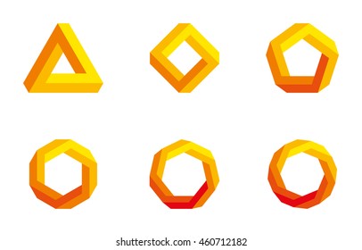 
Penrose triangle and polygons in yellow and orange colors. Penrose tribar, an impossible object, appears to be a solid object. Further square, pentagon, hexagon, heptagon and octagon. Illustration.