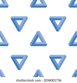 Penrose Triangle seamless background. Abstract texture. Optical illusion triangle sign penrose in blue color. 