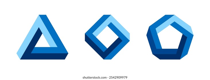 Triángulo de Penrose, cuadrado y pentágono, objetos imposibles, que aparecen como objetos sólidos, hechos de barras rectas. Ilusiones ópticas que consisten en objetos que se pueden representar en dibujos en perspectiva.