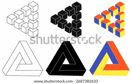 Penrose triangle or Penrose tribar,impossible tribar, or the impossible triangle,Vector illustration cluding cube illusion in outline,silhouette,color style.for geometry art,logo,optical illusion