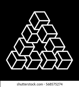 Penrose triangle. Vector logo template. Impossible triangle shape. Sacred geometry sign made in stippling technique. Isolated symbol. Pointillism. 