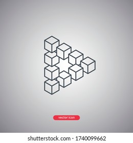 Penrose triangle volumetric view. 3D cubes in the Penrose triangle. Line style. Vector illustration.