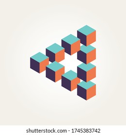 Penrose triangle volumetric view. 3D cubes in the Penrose triangle. Vector illustration.