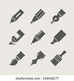 Pens and brushes for drawing. Set of simple icons. Vector illustration.