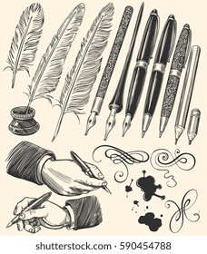 Pens and feathers. Design set. Hand drawn engraving. Vector vintage illustration. Isolated on color background. 8 EPS