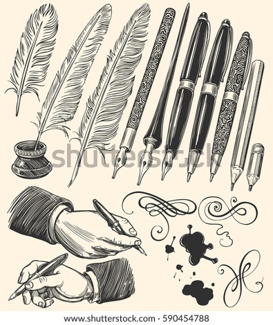 Pens and feathers. Design set. Hand drawn engraving. Vector vintage illustration. Isolated on color background. 8 EPS