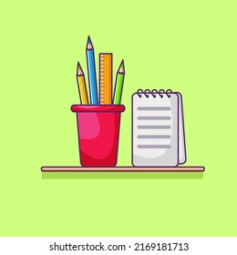pens and notes on the table, icons for school and study, illustrations and vectors