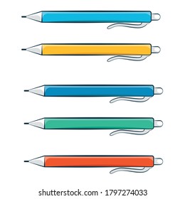 Pens on white background. School supplies isolated. Back to school theme. Flat vector illustration. 