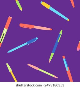 Pens pattern isolated on purple background. Concept design for notebooks pencil cases bags. Vector illustration EPS 10