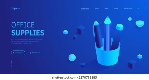 Pens and pencil in glass icon. Office or school stationery supplies, writing tools. Symbol of education, business, office work. Isometric vector illustration for visualization of business presentation