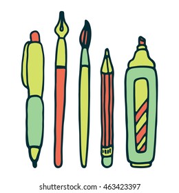 Pens, pencil, marker and brush vector set.