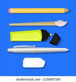 Pens, pencil, markers brush and eraser vector set isolated on blue background