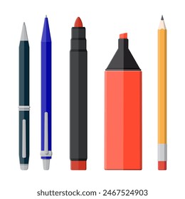 Pens, pencil, markers set isolated on white. Ballpoint pen, pencil with rubber eraser and felt pen. Office supply and stationery set. Vector illustration in flat style